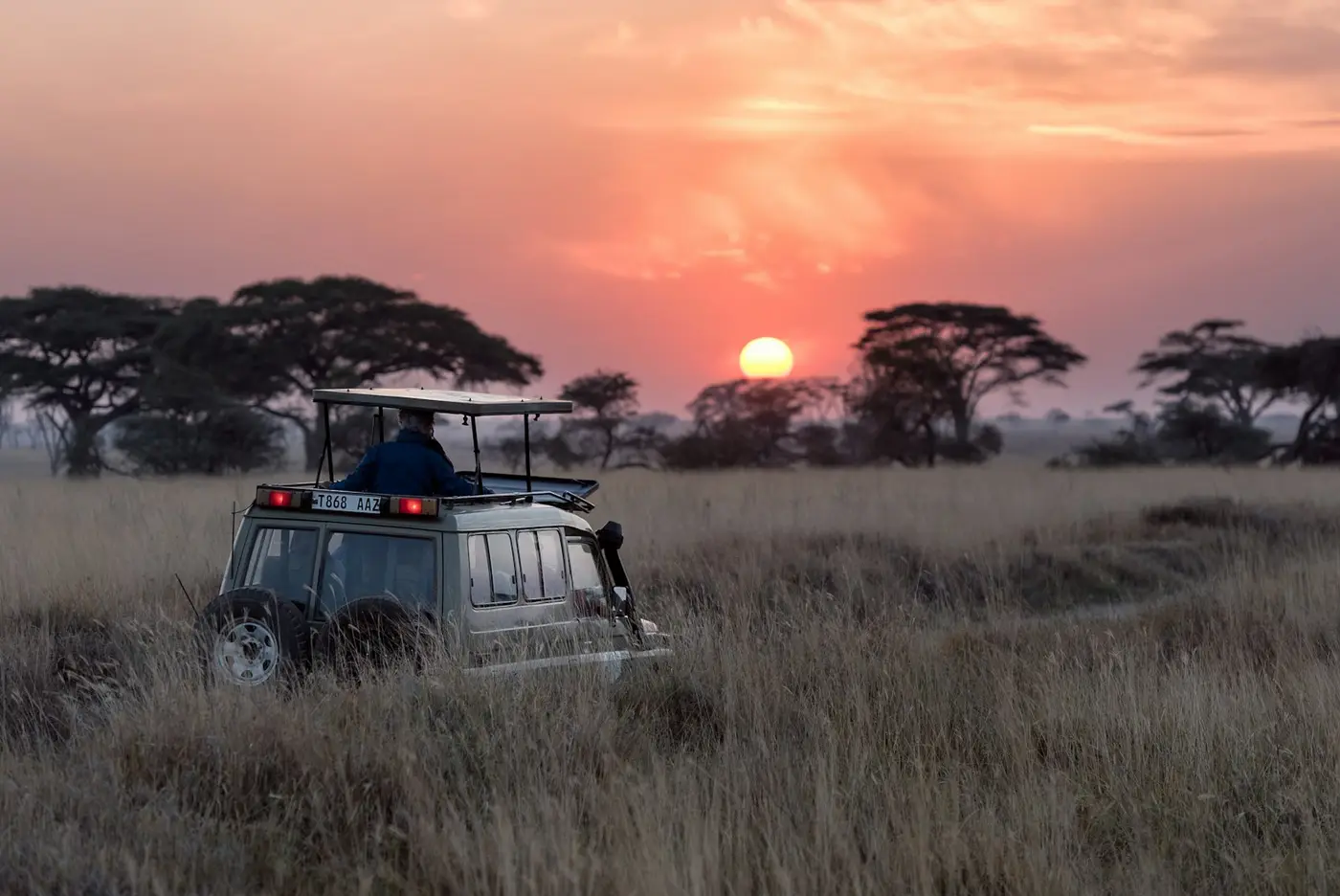 Safari vehicle crossing open grassland in the Maasai Mara