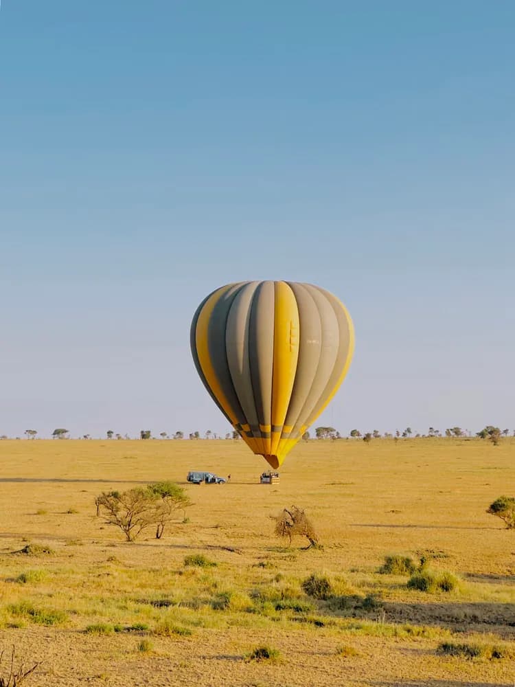 A vibrant hot air balloon flies over the vast Serengeti plains at dawn